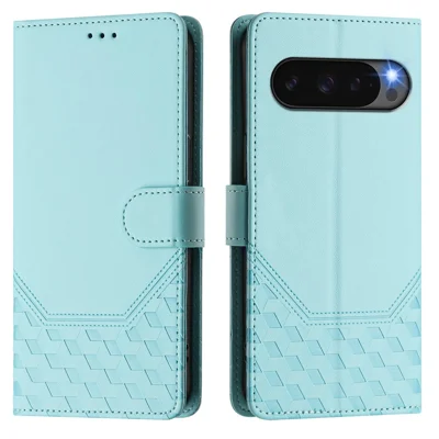 For Google Pixel 10 Pro XL Case Imprinted Honeycomb RFID Blocking Leather Phone Cover with Strap - Mint Green