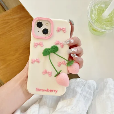 For iPhone 15 Silicone Case Cute Pendant Strawberry Design Shockproof Durable Phone Cover