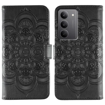 For Realme 14x (India) 5G / C75 4G / 5G / C71 4G / 14x 5G / V70 5G / P3x 5G / V60 Pro 5G Case Leather Mandala Imprinted Phone Cover with Strap - Black