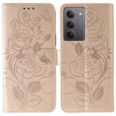 For Realme 14x (India) 5G / C75 4G / 5G / C71 4G / 14x 5G / V70 5G / P3x 5G / V60 Pro 5G Case Imprinted Rose Butterfly Leather Phone Cover - Rose Gold