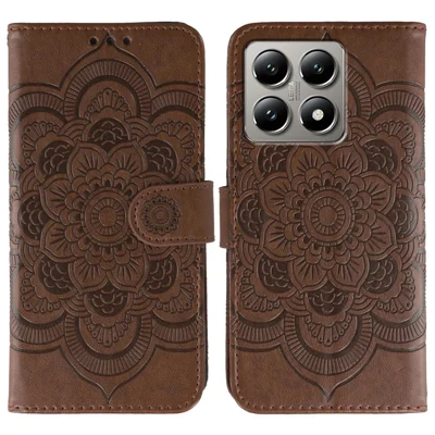 For Xiaomi 14T Pro Case PU Leather Mandala Imprinted Design Wallet Phone Cover with Wrist Strap - Brown