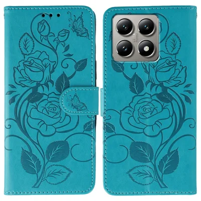 For Xiaomi 14T Case Wallet Stand Imprinted Rose Butterfly PU Leather Phone Cover - Blue