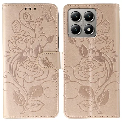 For Xiaomi 14T Pro Case Wallet Stand Imprinted Rose Butterfly PU Leather Phone Cover - Rose Gold