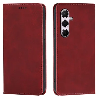 For Samsung Galaxy A55 5G Case Wallet Calf Texture Leather Phone Cover with Hidden Magnetic Closure - Red