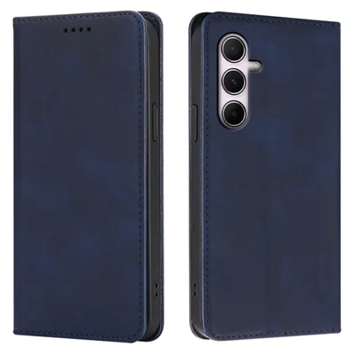 For Samsung Galaxy A35 5G Case Wallet Calf Texture Leather Phone Cover with Hidden Magnetic Closure - Blue