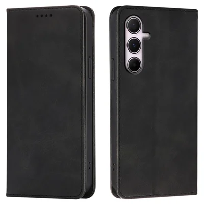 For Samsung Galaxy A15 4G / 5G Case Wallet Calf Texture Leather Phone Cover with Hidden Magnetic Closure - Black
