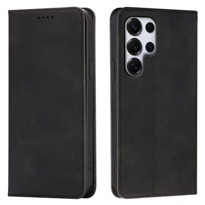 For Samsung Galaxy S24 Ultra Case Wallet Calf Texture Leather Phone Cover with Hidden Magnetic Closure - Black