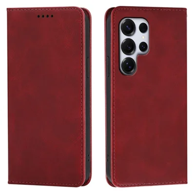 Zachte Samsung Galaxy S24 Ultra Hoesje Portemonnee Kalfsstructuur Leren Telefoonhoes met Verborgen Magnetische Sluiting - Rood