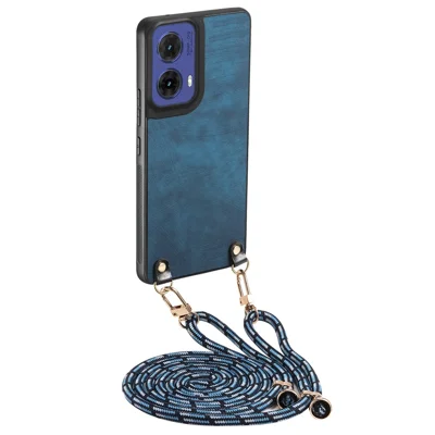 For Motorola Moto G85 5G Retro Leather Phone Back Cover with Adjustable Strap - Blue
