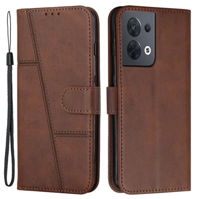 Para Oppo Reno8 5G (Versão Global) / Reno8 5G Flip Wallet Case Stitching PU Leather Stand Magnetic Protective Phone Cover with Strap - Marrom