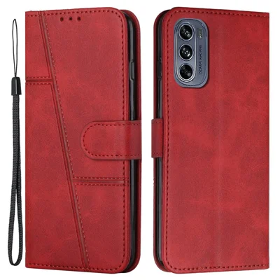 Stitching Design Cell Phone Case for Motorola Moto G62 5G, Inner TPU+PU Leather Shell Wallet Stand Phone Cover with Strap - Red