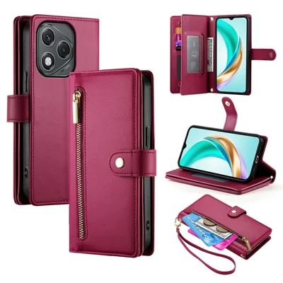 DF-011 For Honor 400 Lite 5G Case Zipper Pocket Wallet Leather Phone Cover with Straps - Red
