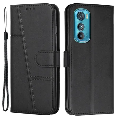 For Motorola Edge 30 5G Wallet Stand PU Leather Mobile Phone Case Anti-dust Cell Phone Cover with Strap - Black