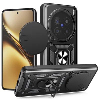 For vivo X200 Pro 5G Case with Slide Camera Lid PC + TPU Kickstand Phone Cover - Black