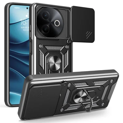 For vivo Y39 5G  /  Y300i 5G Case with Slide Camera Lid PC + TPU Kickstand Phone Cover - Black