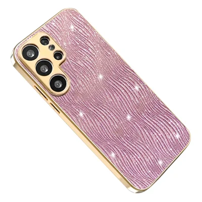 For Samsung Galaxy S24 Ultra Case Electroplating Ripple Texture PU + TPU + PC Phone Back Cover - Pink