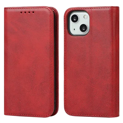 PU Leder Brieftasche Hülle für iPhone 14, Kalbleder-Textur Magnetisches Autoschluss schockresistentes Schalen-Telefonklappenständer-Cover - Rot