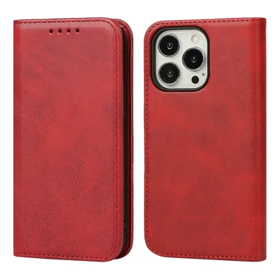 For iPhone 14 Pro Calf Texture PU Leather Wallet Case Magnetic Auto-absorbed Shockproof Flip Stand Cover - Red