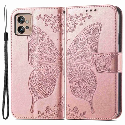For Motorola Moto G32 4G Imprinted Butterfly Pattern PU Leather Stand Case Magnetic Clasp Phone Wallet Cover with Strap - Rose Gold