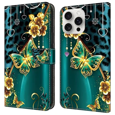 For iPhone 16 Pro Leather Case Pattern Printing Wallet Stand Anti Drop Phone Cover - Golden Flower Butterfly