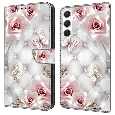 For Samsung Galaxy S25  /  S24 Leather Case Pattern Printing Wallet Stand Anti Drop Phone Cover - Pink Butterfly