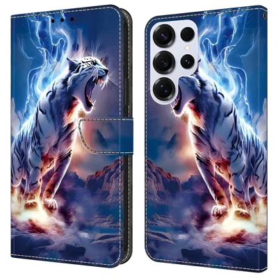 For Samsung Galaxy S25 Ultra Leather Case Pattern Printing Wallet Stand Anti Drop Phone Cover - Thunder Tiger