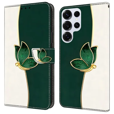 For Samsung Galaxy S24 Ultra Leather Case Pattern Printing Wallet Stand Anti Drop Phone Cover - Green Butterfly
