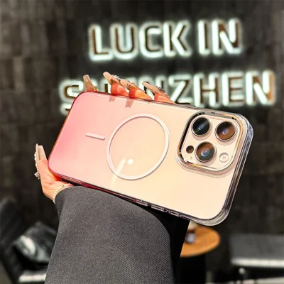 For iPhone 15 Pro Max Magnetic Case Gradient Color Hard PC Phone Back Cover - Pink