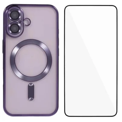 WANLONFENG For iPhone 16 Plus Magnetic Case  Full Protection Electroplated TPU Cover with Tempered Glass - Dark Purple