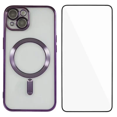 WANLONFENG For iPhone 15 Plus Magnetic Case  Full Protection Electroplated TPU Cover with Tempered Glass - Dark Purple