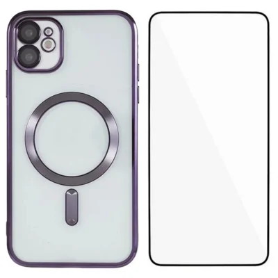 For iPhone 12 6,1 tommer Magnetisk Case WANLONFENG Fuld Beskyttelse Elektropladeret TPU Cover med Hærdet Glas - Mørk Lilla