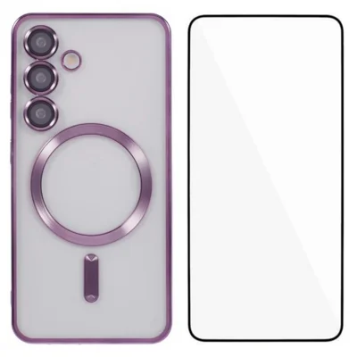 WANLONFENG For Samsung Galaxy S24 FE Magnetic Case  Full Protection Electroplated TPU Cover with Tempered Glass - Dark Purple