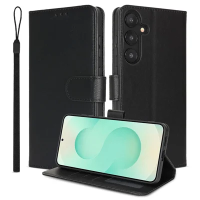 For Samsung Galaxy A55 5G Case RFID Blocking Flip Leather Phone Cover with Wrist Strap - Black