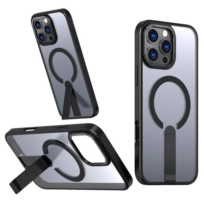 Capa para iPhone 16 Pro Max Compatível com MagSafe com Suporte de Apoio em TPU + Capa de Telefone em Acrílico - Preto