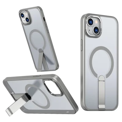 For iPhone 15 Plus Case Compatible with MagSafe Kickstand TPU + Acrylic Phone Cover - Titanium Grey