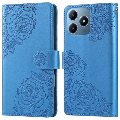 For Realme C63 4G / C61 4G Case Rose Flower PU Leather Wallet Phone Cover with 3 Card Slots - Blue