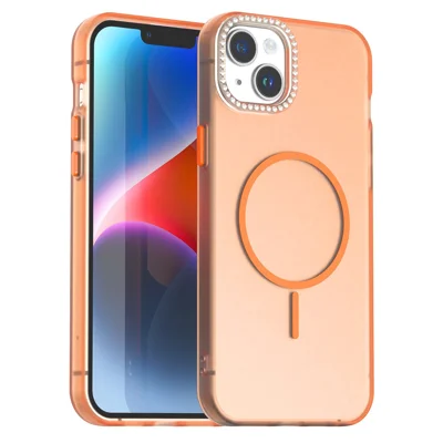 For iPhone 14 / 13 Case Compatible with MagSafe TPU + PC + PET Phone Cover Rhinestone Decor Lens Frame - Orange