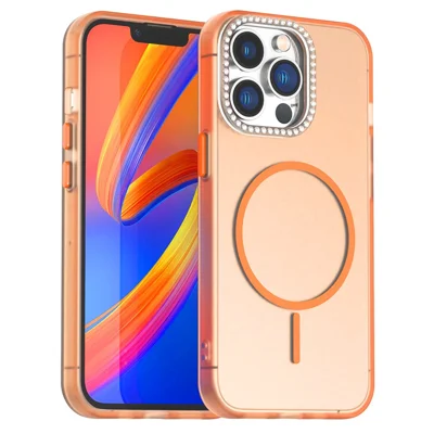 For iPhone 13 Pro Max Case Compatible with MagSafe TPU + PC + PET Phone Cover Rhinestone Decor Lens Frame - Orange