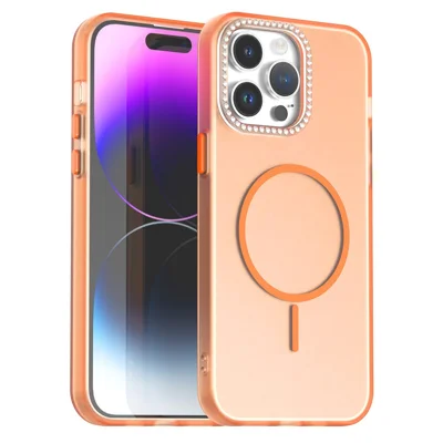 Voor iPhone 14 Pro Max hoesje compatibel met MagSafe TPU + PC + PET telefoonhoesje met strass decor lensframe - Oranje