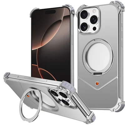 For iPhone 16 Pro Max Case PC + Metal Boardless Phone Back Cover with Kickstand - Grey