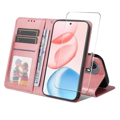 ENKAY HAT PRINCE For Honor 400 5G (Global) PU Leather Wallet Case   Phone Stand Cover with Tempered Glass - Pink
