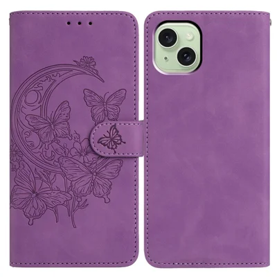 For iPhone 15 Case Butterfly Flower Imprinted PU Leather Wallet Stand Phone Cover - Purple