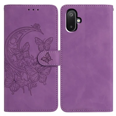 For Samsung Galaxy M06 5G  /  F06 5G Case Butterfly Flower Imprinted PU Leather Wallet Stand Phone Cover - Purple