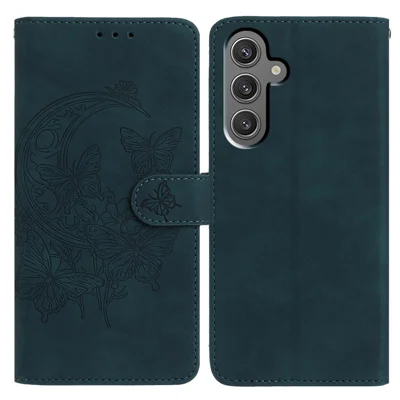 For Samsung Galaxy A25 5G (Global) (161.0mm) Case Butterfly Flower Imprinted PU Leather Wallet Stand Phone Cover - Green