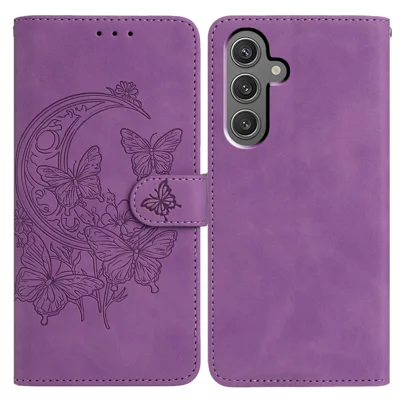 For Samsung Galaxy A15 5G Case Butterfly Flower Imprinted PU Leather Wallet Stand Phone Cover - Purple