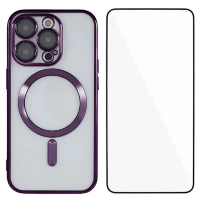 WANLONFENG For iPhone 12 Pro Max 6.7 inch Magnetic Case  Full Protection Electroplated TPU Cover with Tempered Glass - Dark Purple