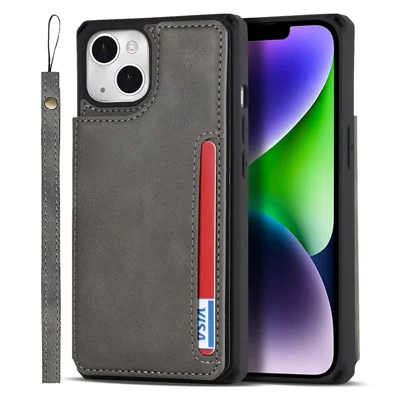 Für Iphone 14 Anti-scratch-pu-leder+tpu Phone Case Card Slot Kickstand Magnetic Snap Button Phone Deckschale - Grau