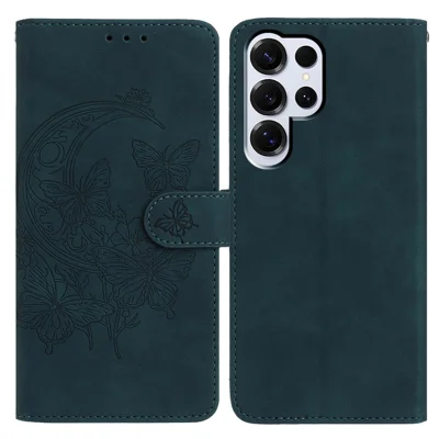 For Samsung Galaxy S25 Ultra Case Butterfly Flower Imprinted PU Leather Wallet Stand Phone Cover - Green