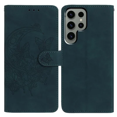 For Samsung Galaxy S24 Ultra Case Butterfly Flower Imprinted PU Leather Wallet Stand Phone Cover - Green