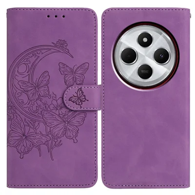 PU Leather Case For Xiaomi Redmi 14C 4G  /  Redmi A3 Pro 4G  /  Poco C75 4G Butterfly Flower Imprinted Wallet Stand Phone Cover - Purple